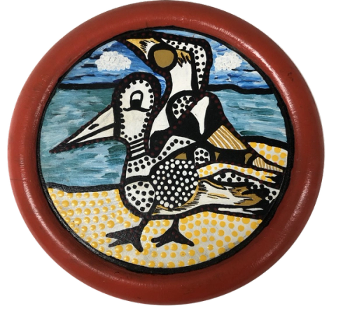 Pelican, Lorraine Brown, 1992, acrylic on wood, 18.3cm (diameter) x 2.5cm.