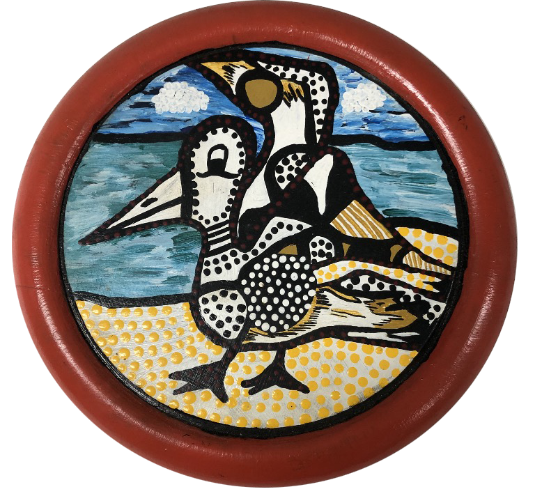 Pelican, Lorraine Brown, 1992, acrylic on wood, 18.3cm (diameter) x 2.5cm.