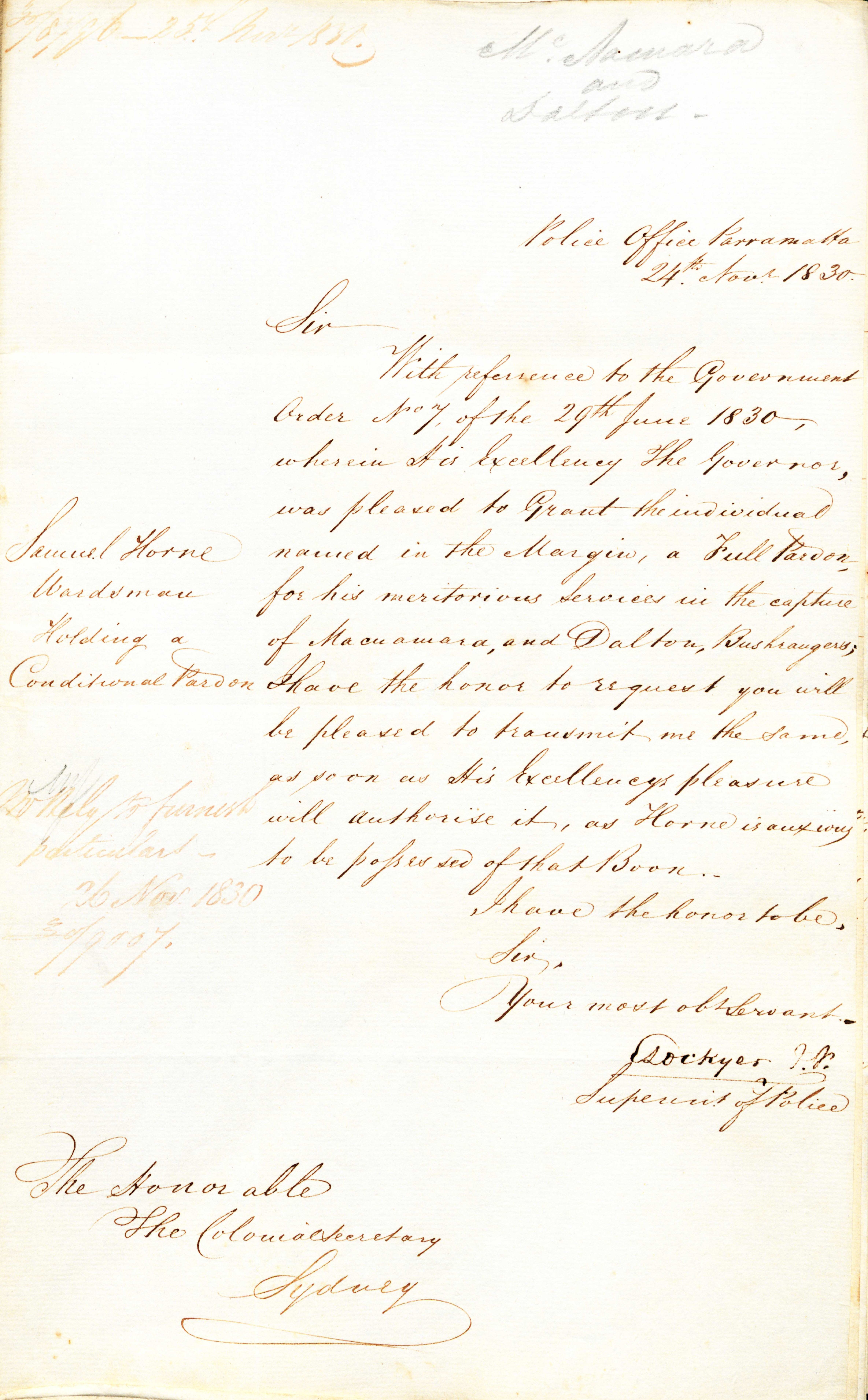 Letter fromEdmund Lockyer, Superintendent of Police, Parramatta to the Colonial Secretary