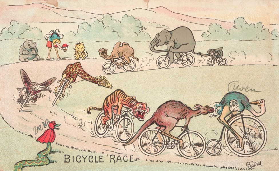 Painting of various animals riding bicycles