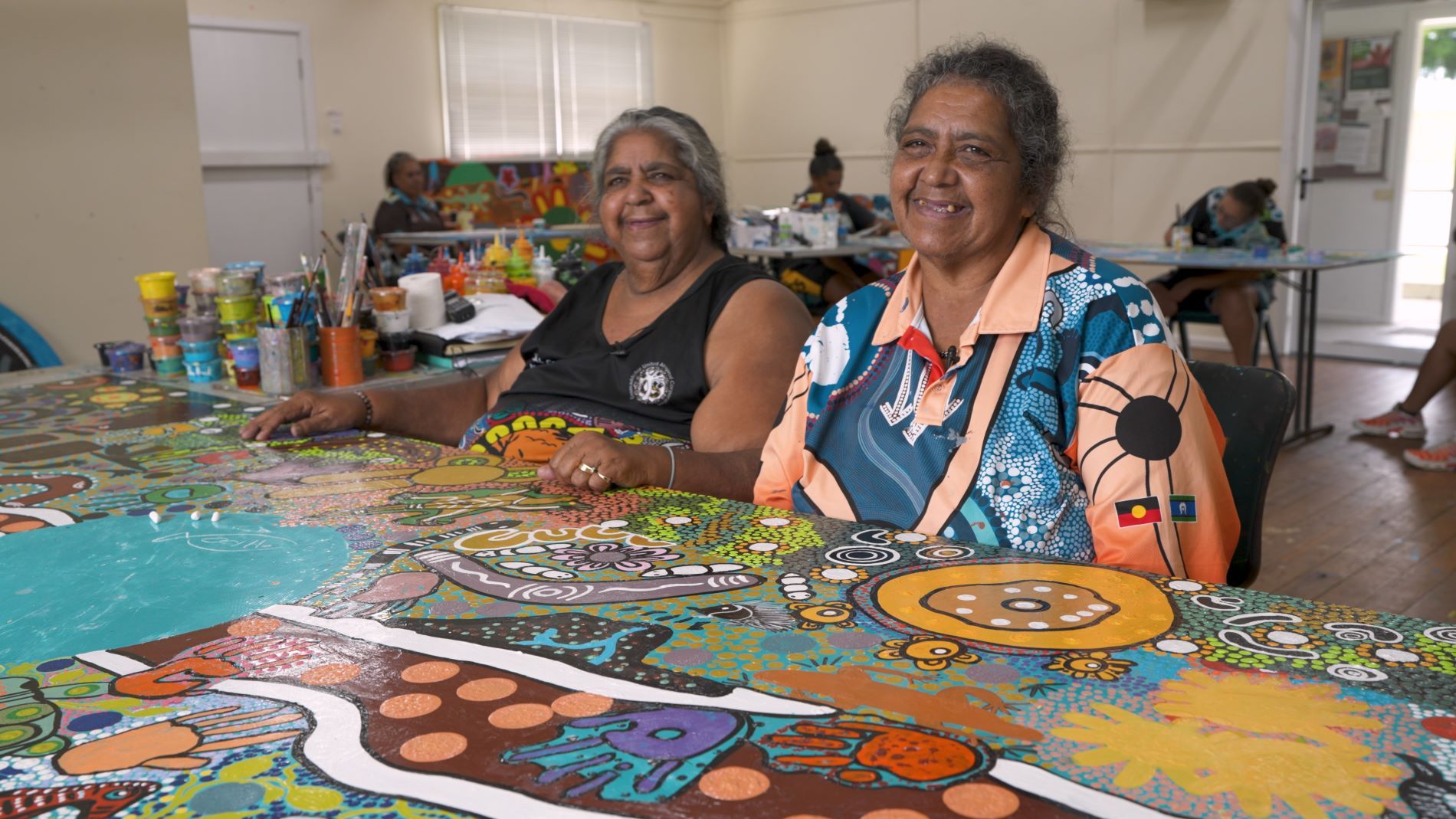 Sisters Lorraine Brown (left) and Narelle Thomas, senior artists and founding members of the Coomaditchie United Aboriginal Corporation.