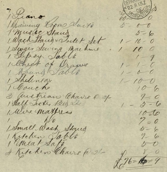 List of possessions from a deceased estate file From the deceased estate file of Ralph Greig. State Archives Collection AF00190047 INX-15-155710
