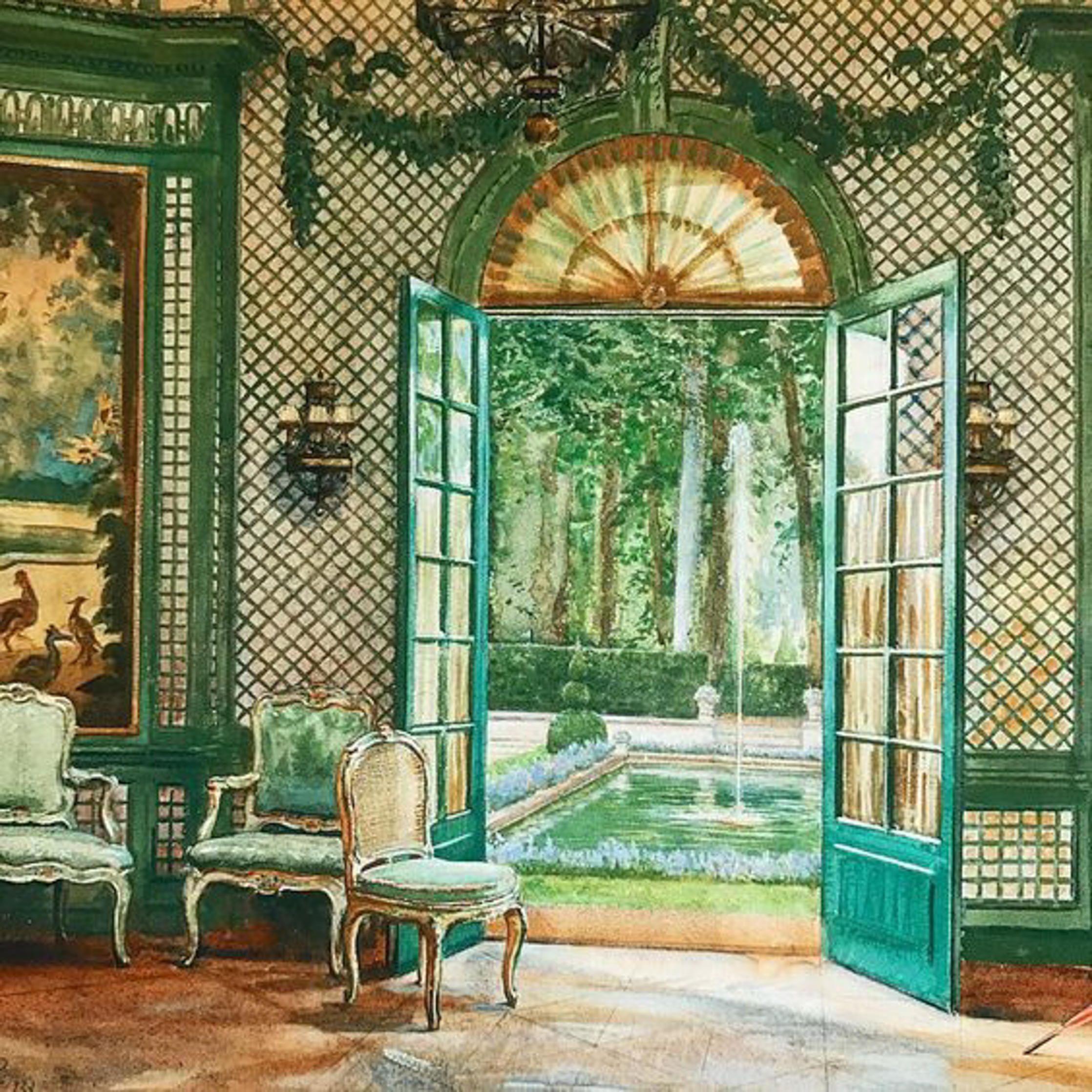 Elsie de Wolfe interior [Interior of Elsie De Wolfe's music pavilion looking out on to the pool, The Villa Trianon. William Bruce Ellis Ranken, before 1941]