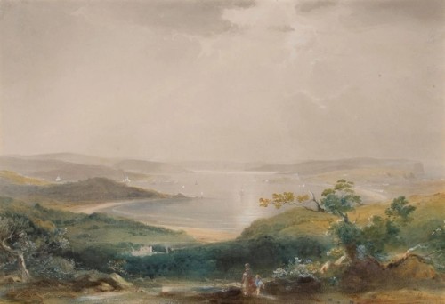 Painting showing green hills leading down to a harbour with a bright, cloudy sky.