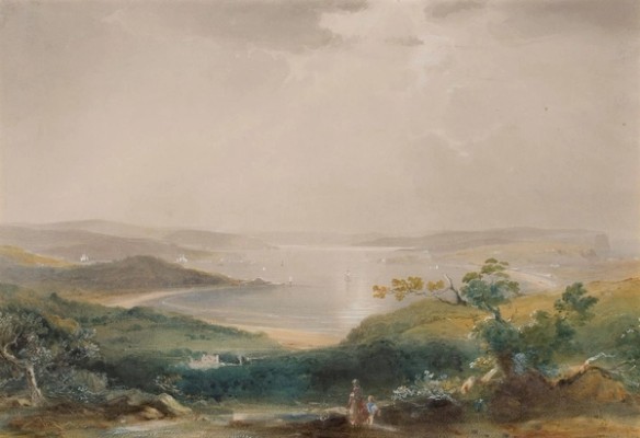 image of painting showing a dramatic panoramic view of harbour surrounded by natural bushland with Vaucluse estate in the foreground.