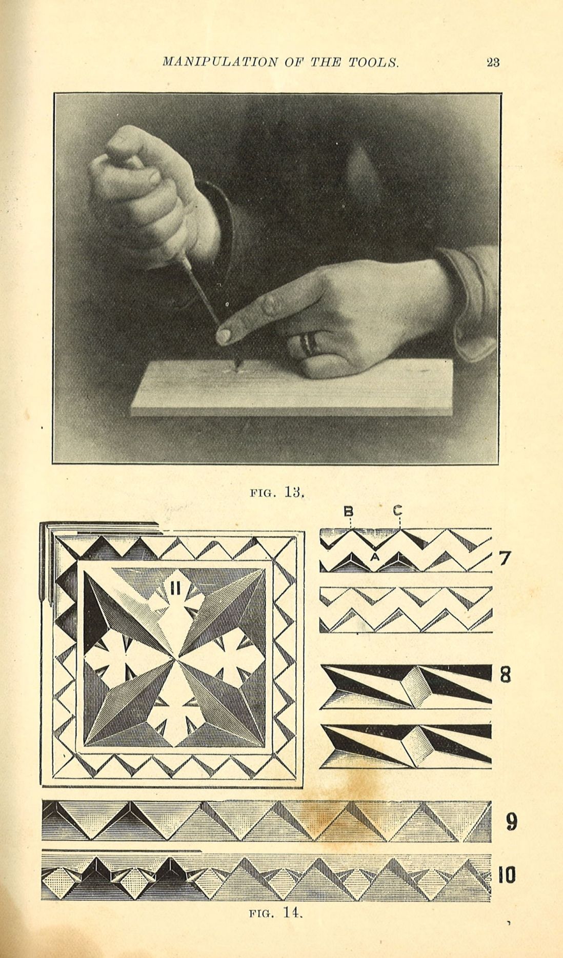 Chip-carving manual  Demonstration of chip carving as featured in: W. Jackson Smith, Chip-carving as a recreation: a practical manual for amateurs, L. Upcott Gill, London, 1903. For more information about this item, see the library catalogue.  Many amateurs gained instruction from magazines, newspaper articles and practical manuals.  The technique was considered to be adaptive to amateurs due to the utilisation of easily worked timbers and low relief decoration (generally not exceeding 5mm).  Caroline Simpson Library & Research Collection, Museums of History NSW. RB 745.51 SMI.
