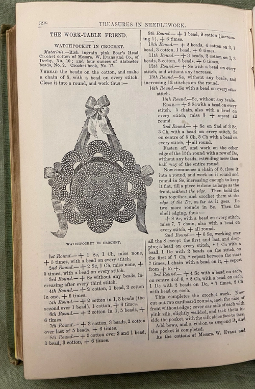 Page showing an illustration of a watch pocket from Treasures in needlework, by Mrs Warren and Mrs Pullan, London, 1855
