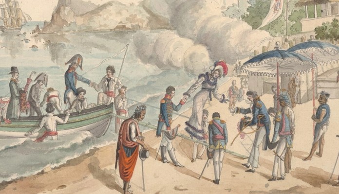Watercolour of a group of people landing ashore