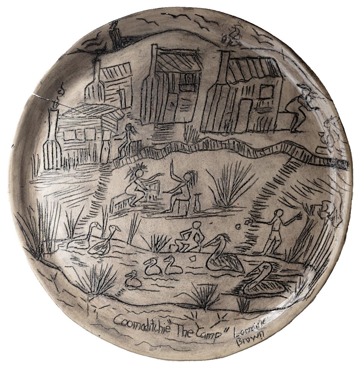 'Coomaditchie - The camp', Lorraine Brown, 2022, raku clay with underglaze, 39.5cm   (diameter) x 2cm.  