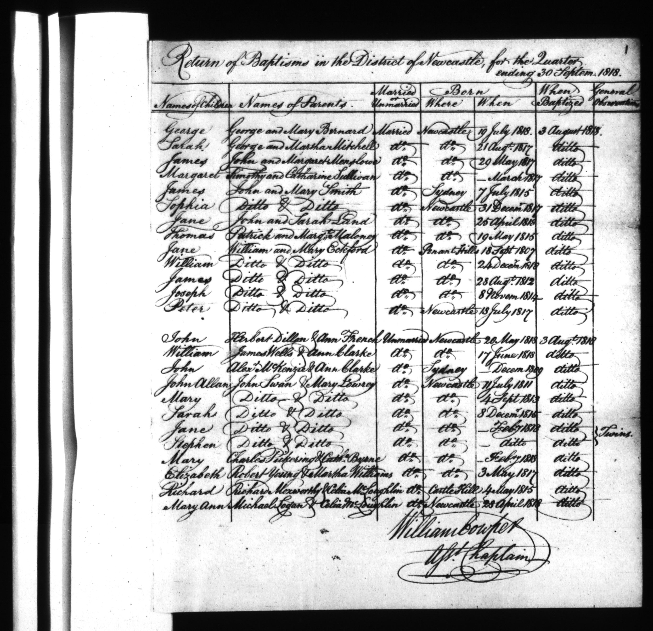 Handwritten list of baptisms and marriages in Newcastle in 1818
