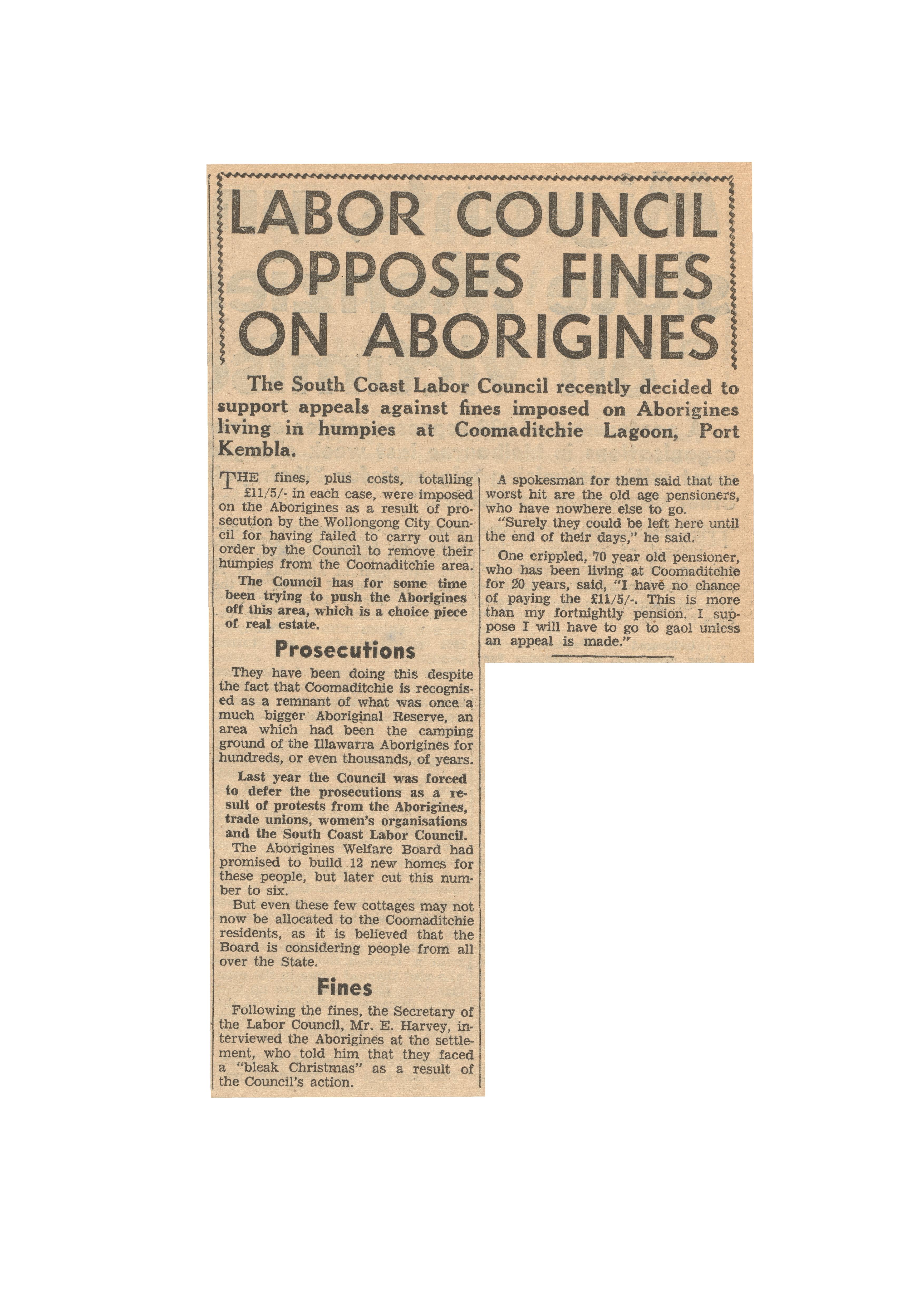 ‘Labour Council opposes fines on Aborigines’, The Tribune, 5 December 1962, p9 © Tribune/SEARCH Foundation 