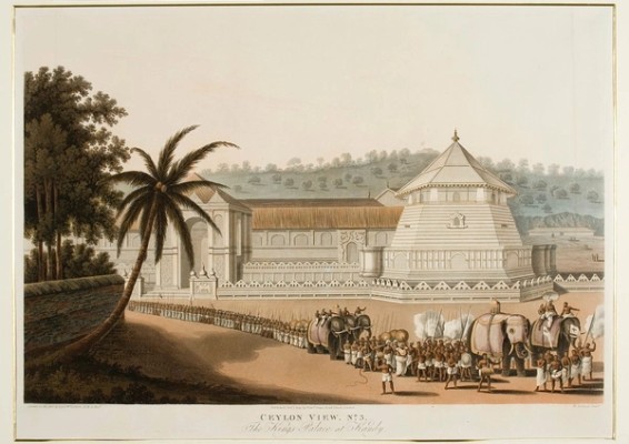 A hand-coloured aquatint of views in the island of Sri Lanka