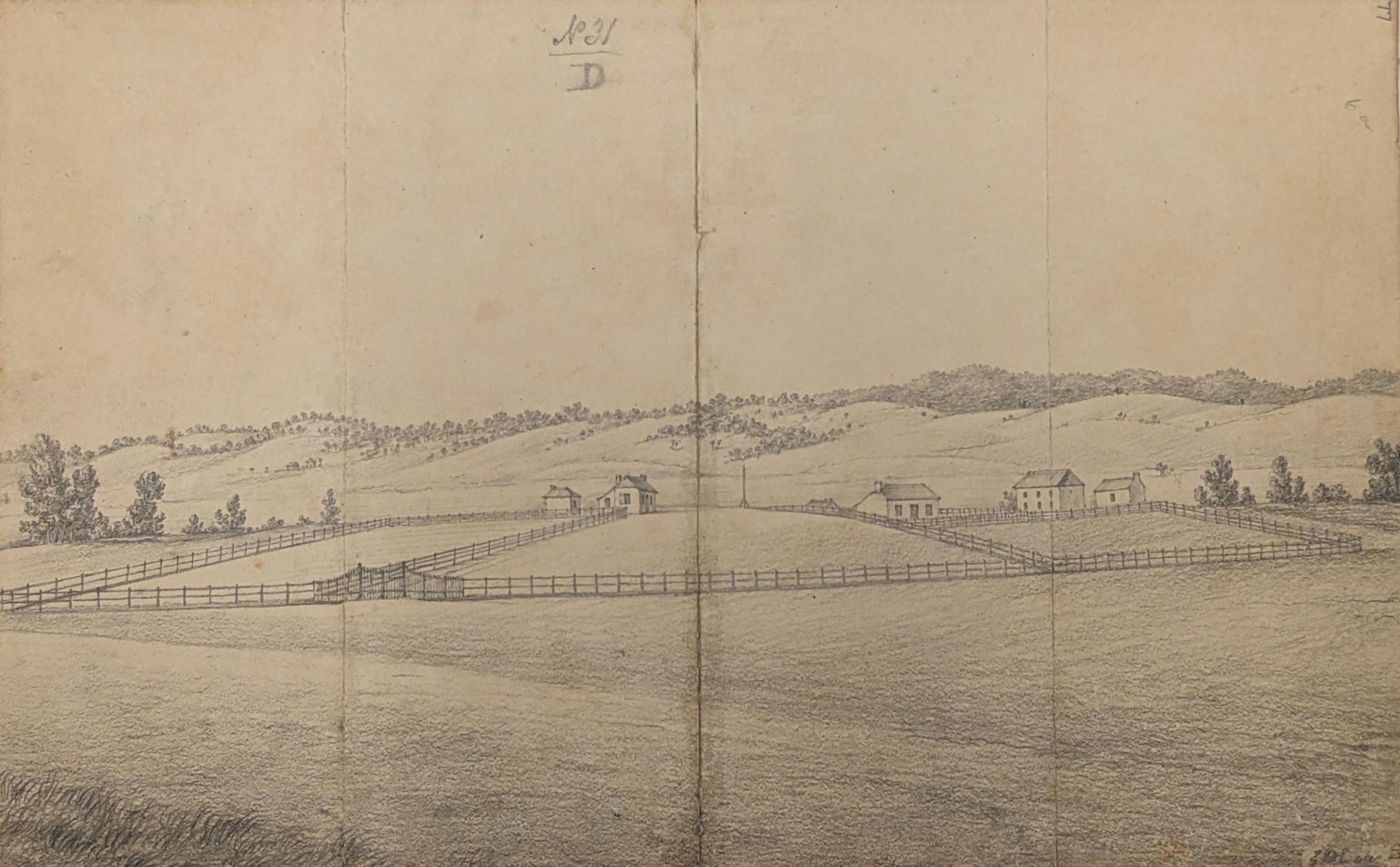 Sketch of a rural setting with farm houses and fenced paddocks