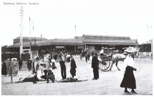 Pedestrians mill about outside the second Sydney station