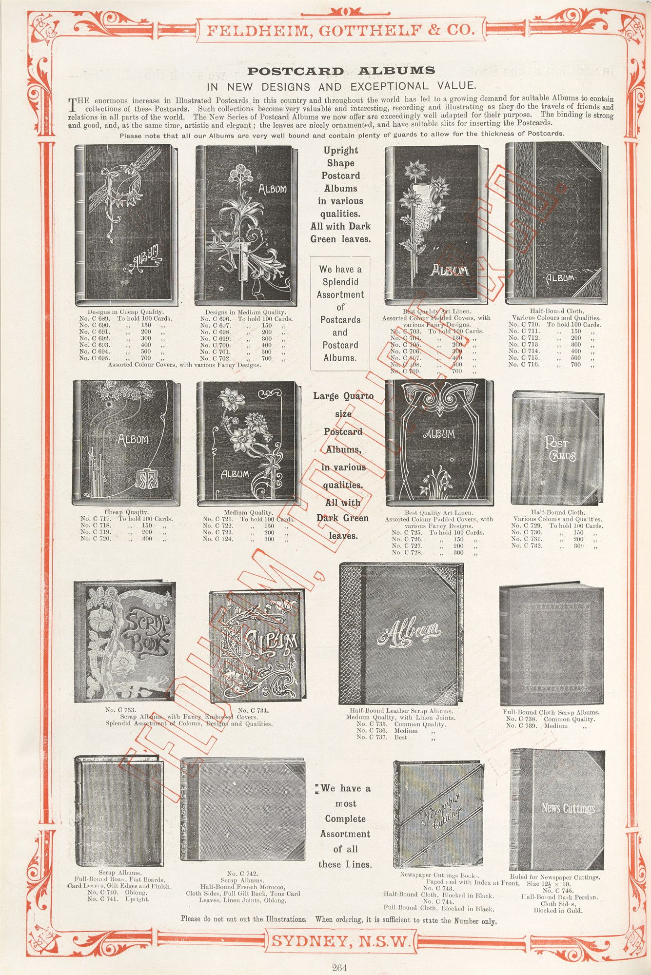 Page from postcard catalogue showing black and white postcard albums