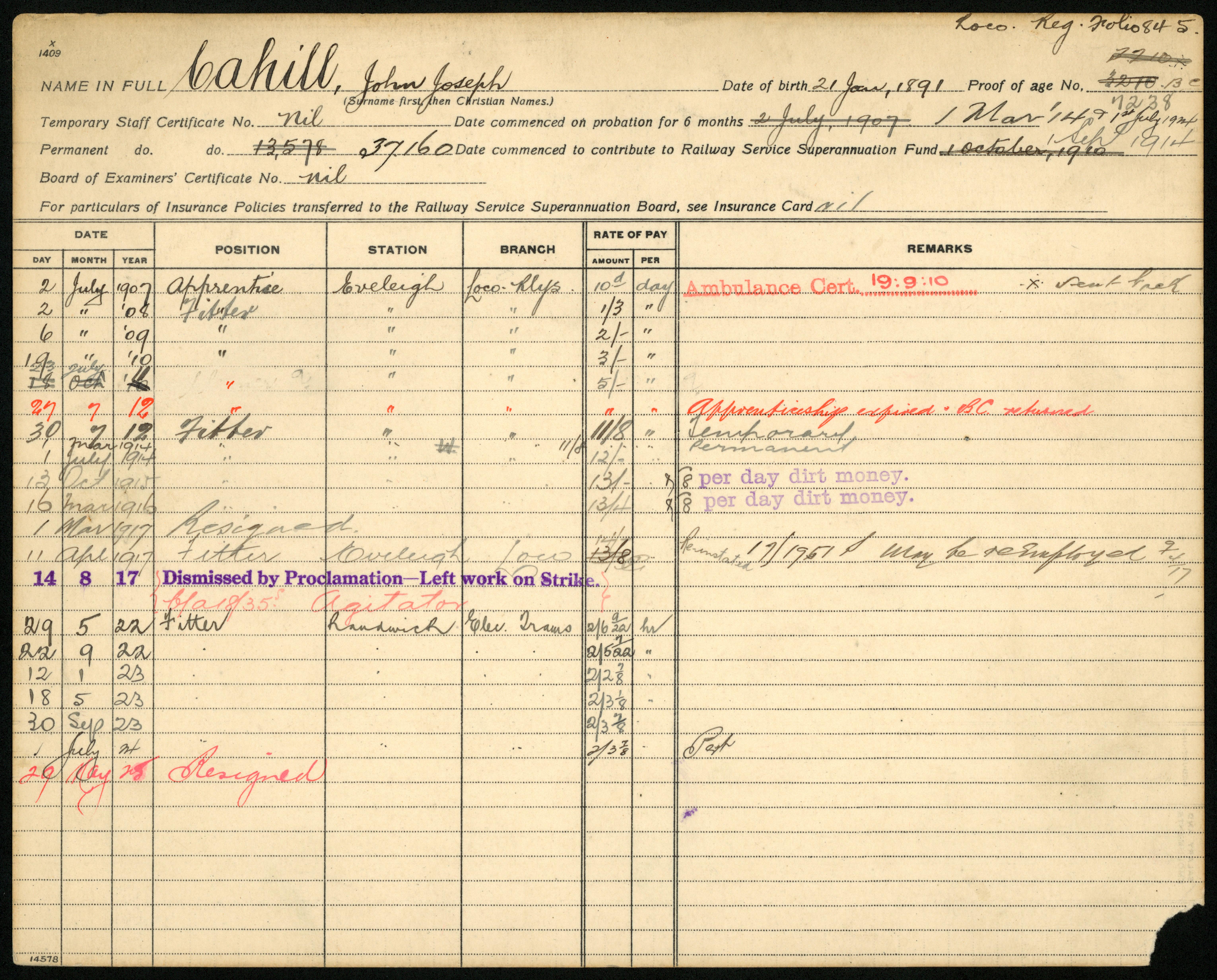 Railway History Card for John Joseph Cahill