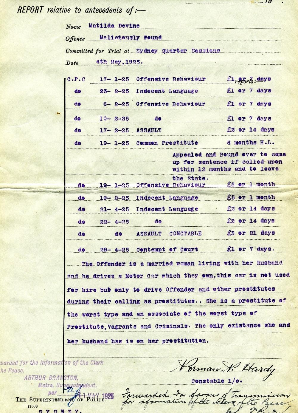 Typed document showing offence record for Matilda Devine