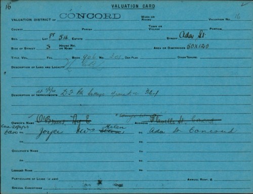 Digitised valuation card for a property in Concord