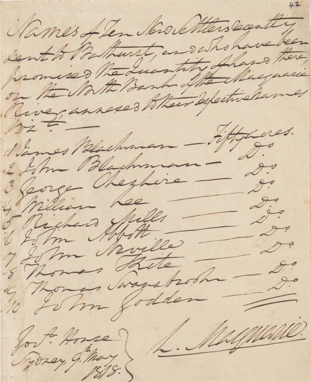 Handwritten document by Governor Macquarie