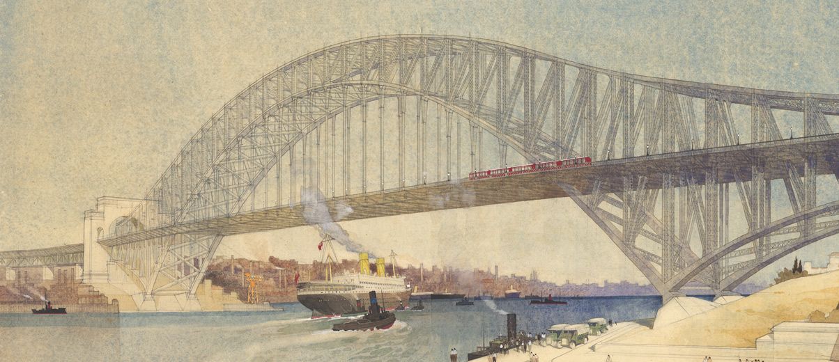 c.1923 coloured sketch of alternative cantilever Sydney Harbour Bridge