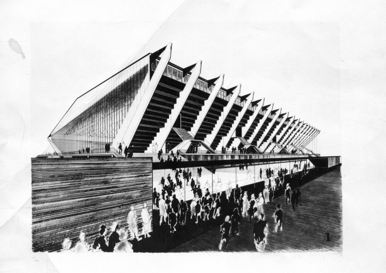 John Murphy’s 1952 perspective drawing of the winning entry for the Swimming and Diving Stadium for the 1956 Melbourne Olympic Games