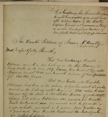 James McAnulty petition for a ticket of leave 1822