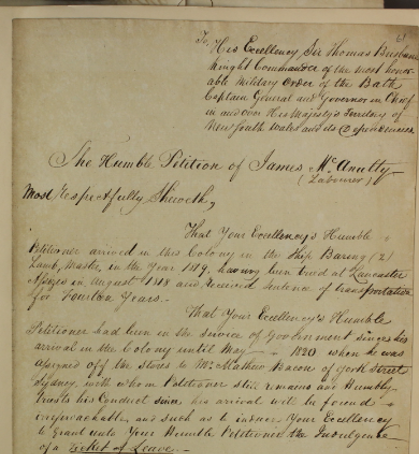 James McAnulty petition for a ticket of leave 1822
