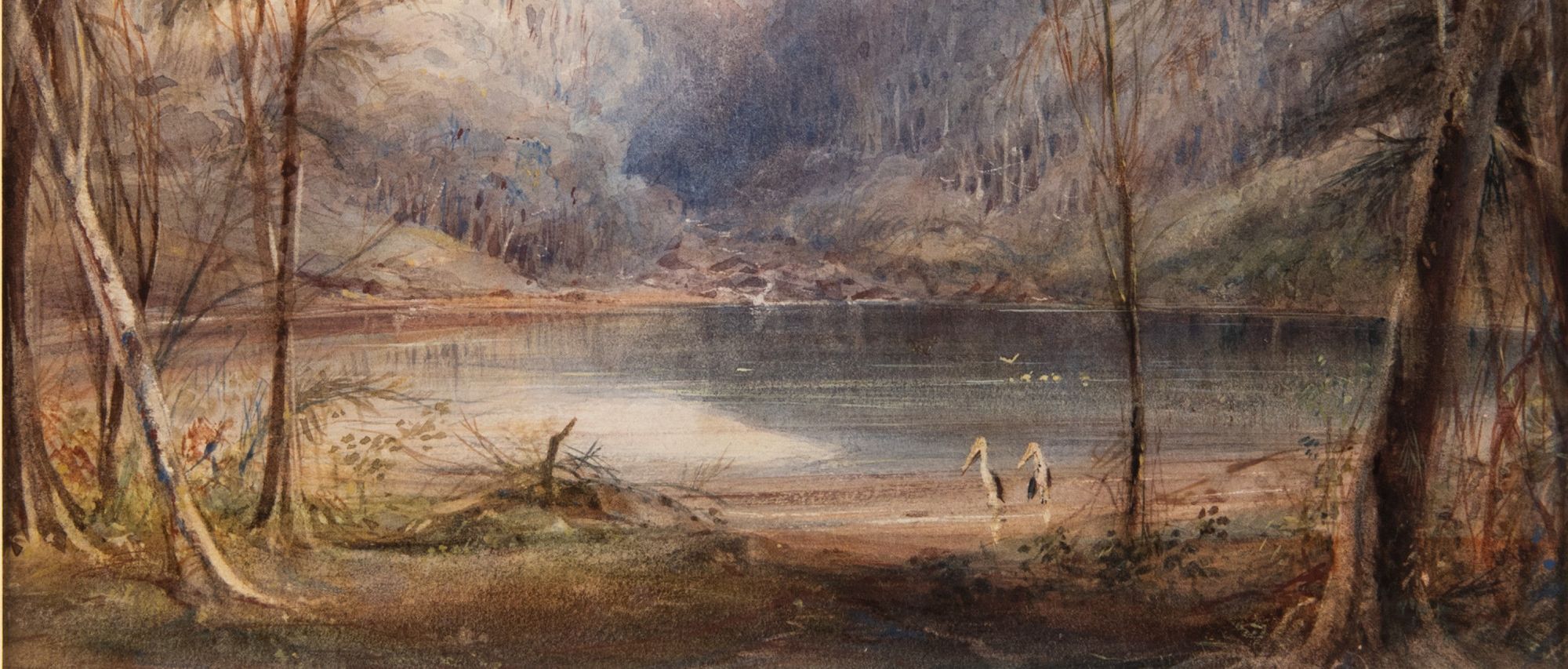 Painting of a small water basin in the bush with birds
