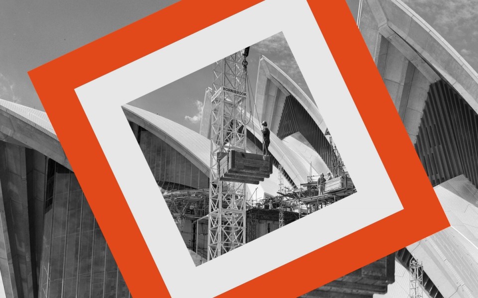Sydney Opera House sails with a crane in front and the Sydney Open graphic over the top