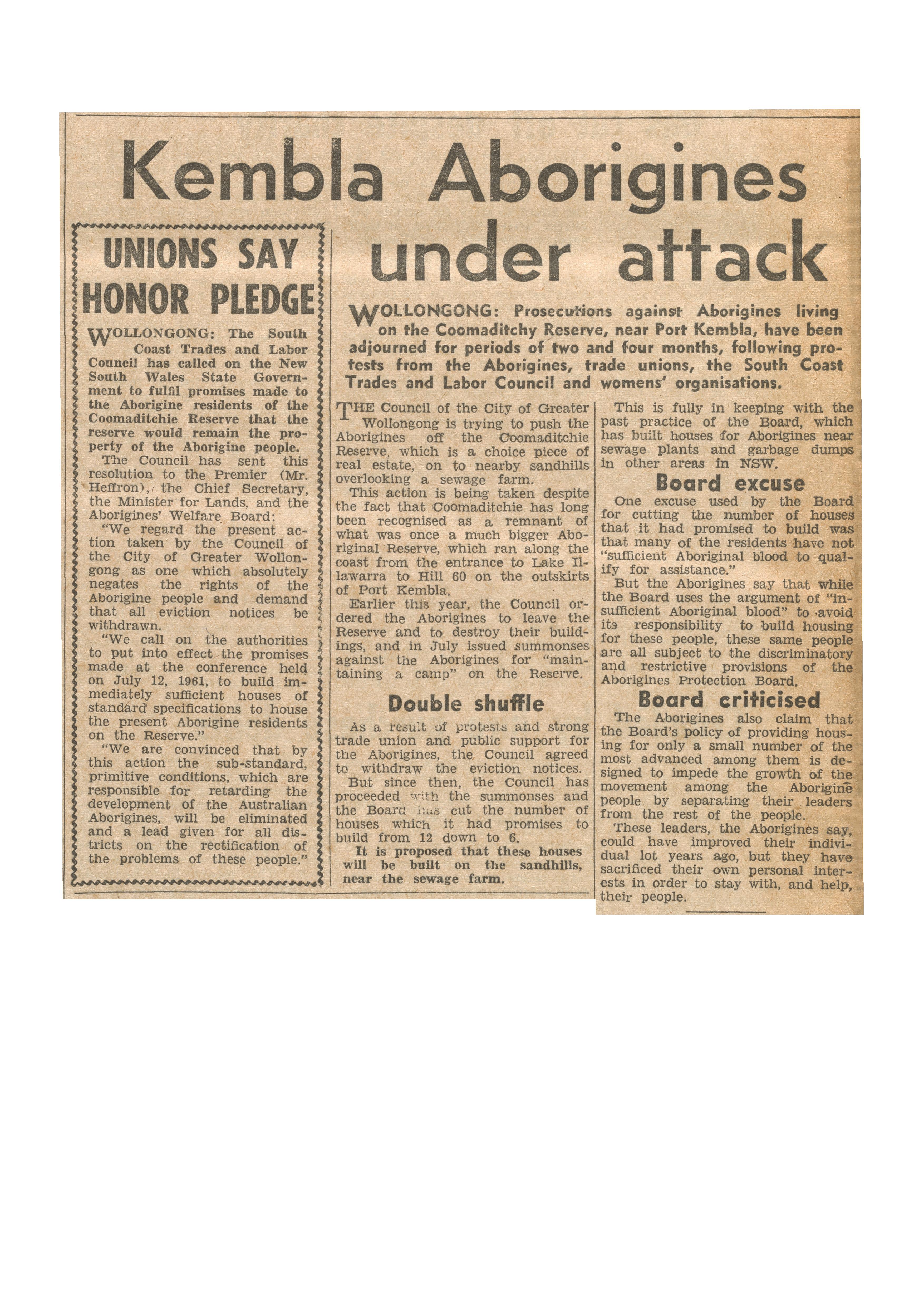 ‘Kembla Aborigines under attack’, The Tribune, 20 December 1961, p10 © Tribune/SEARCH Foundation