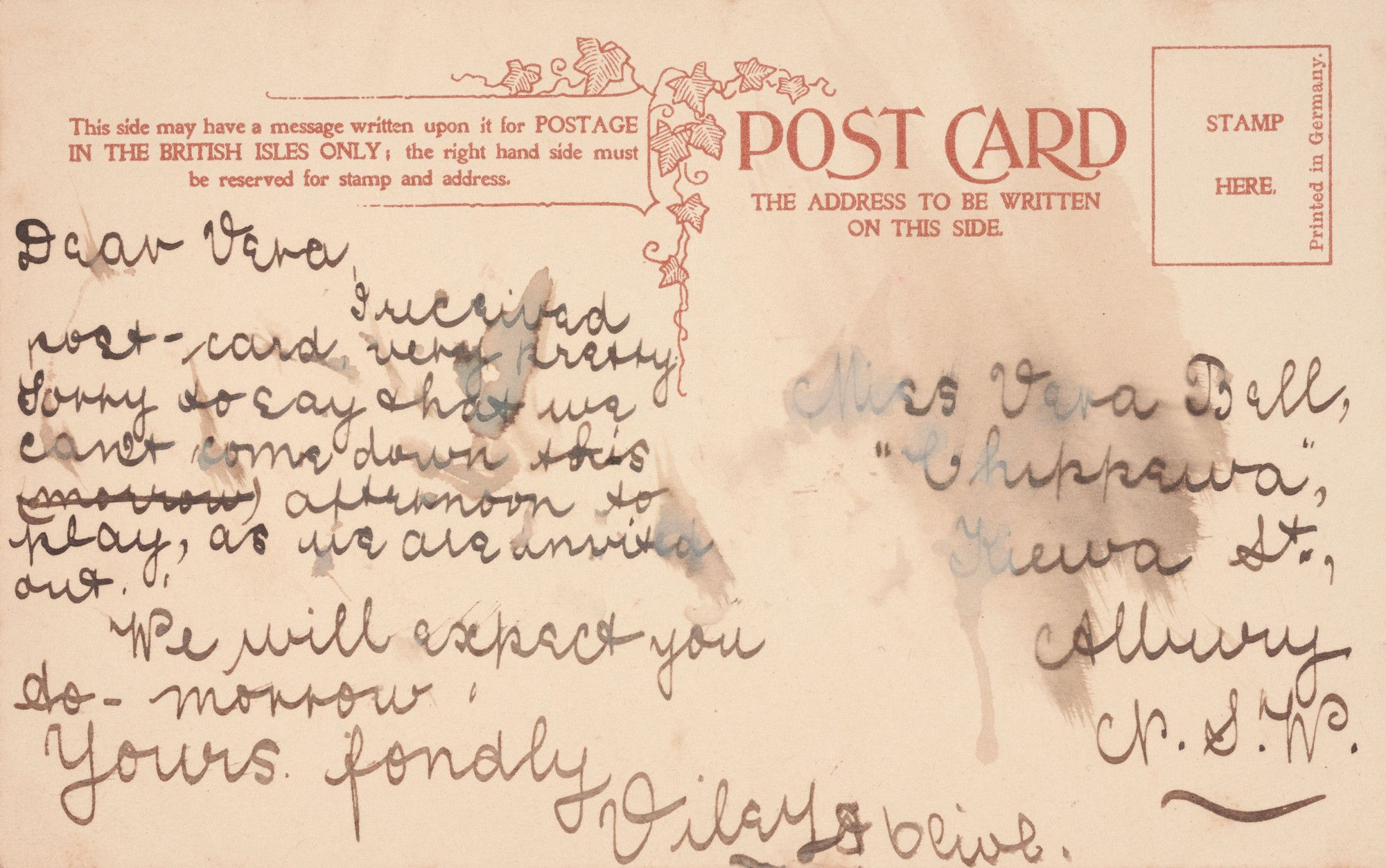 Back of postcard with short text address to Miss Vera Bell