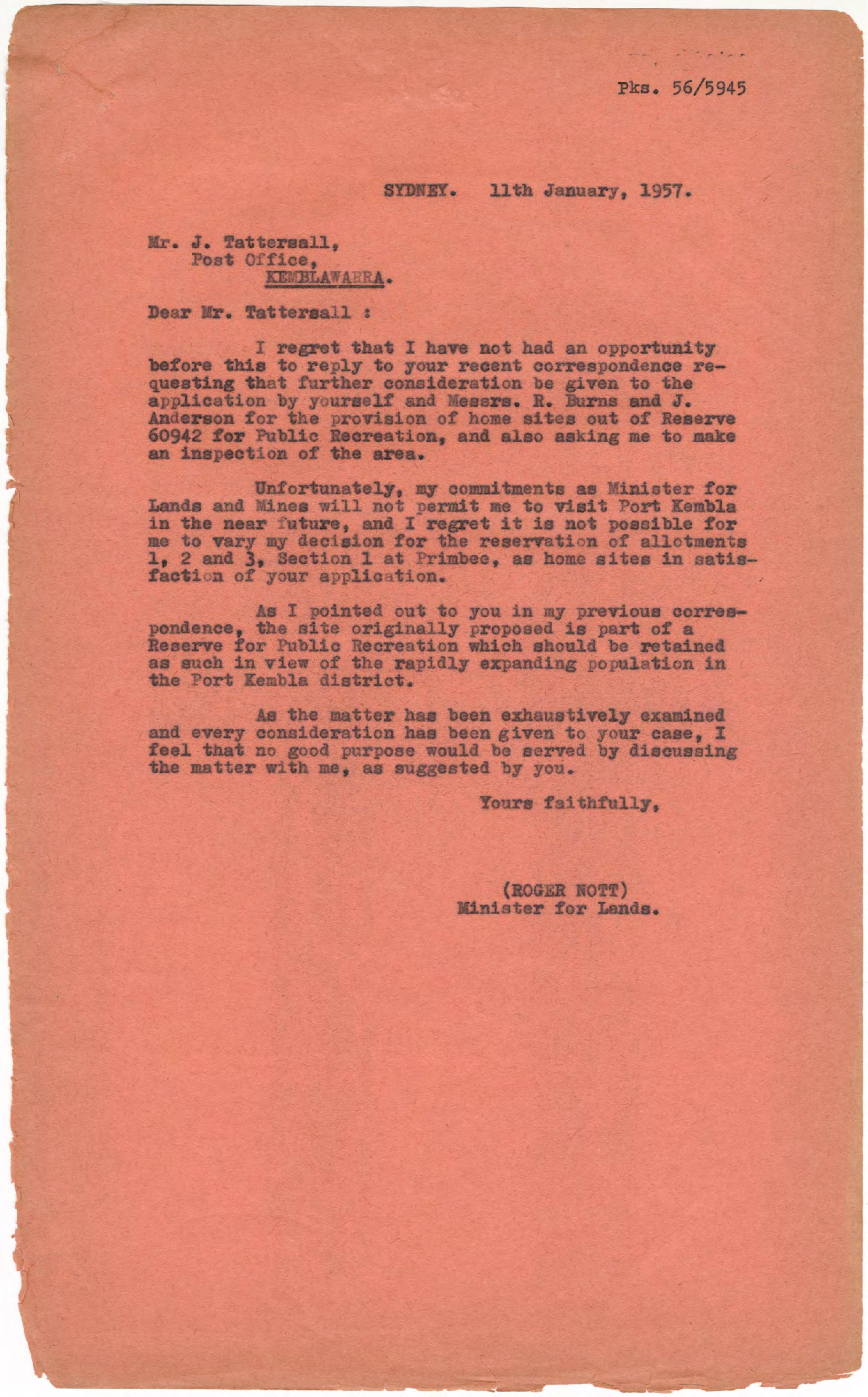 Response letter from Mr Roger Nott, NSW Minister for Lands, to Jack Tattersall, 11 January 1957
