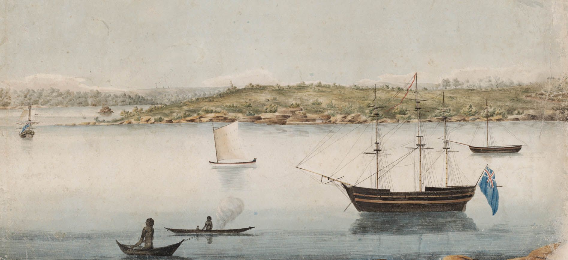 Paiting showing boats and Aboriginal people in canoes