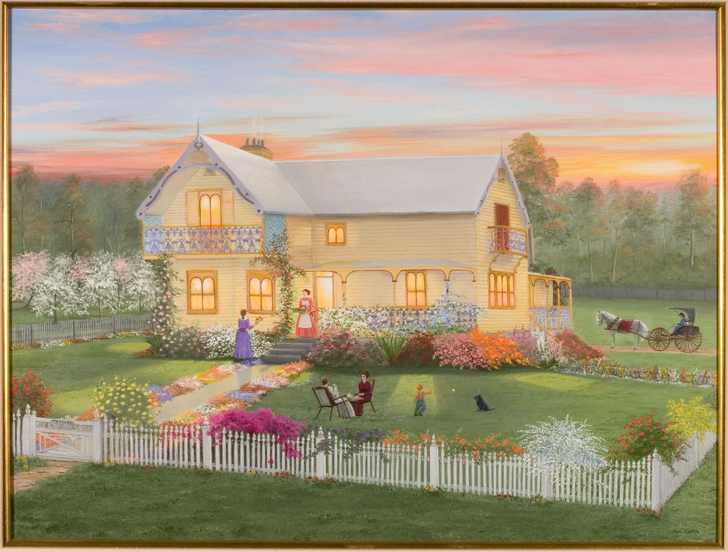 A painting of a house and family