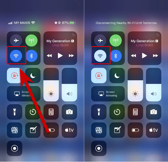 A screenshot of an iPhone control center showing the Wi-Fi toggle being turned off, with the disconnection note indicating it will last until the next day.