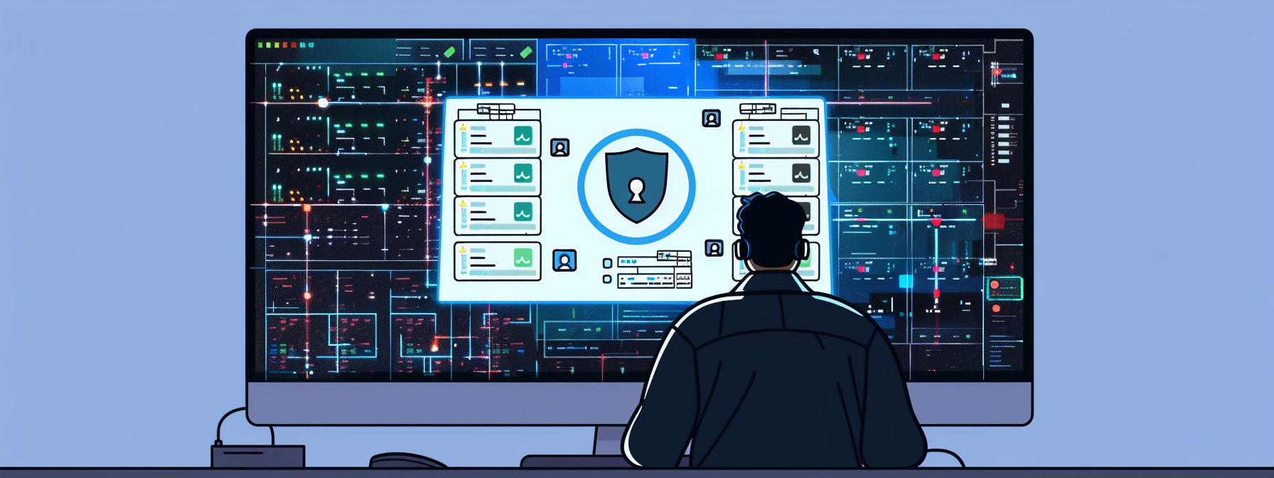An illustration of a person sitting in front of a large multi-screen display, monitoring a cybersecurity interface. The central screen shows a shield icon representing security, surrounded by system data, user profiles, and alert notifications, with the background filled with a detailed network grid.