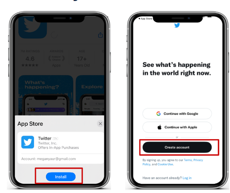 A screenshot of the App Store installation process and the Twitter app’s account creation screen with options to continue with Google, Apple, or create a new account.