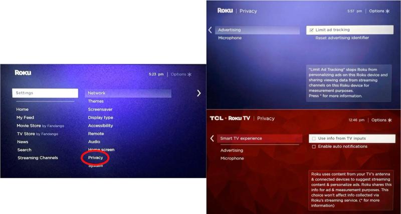 Screenshots from a Roku TV showing the path to the Privacy settings, including options to limit ad tracking, reset advertising identifiers, and control data collection for personalized content and ads.