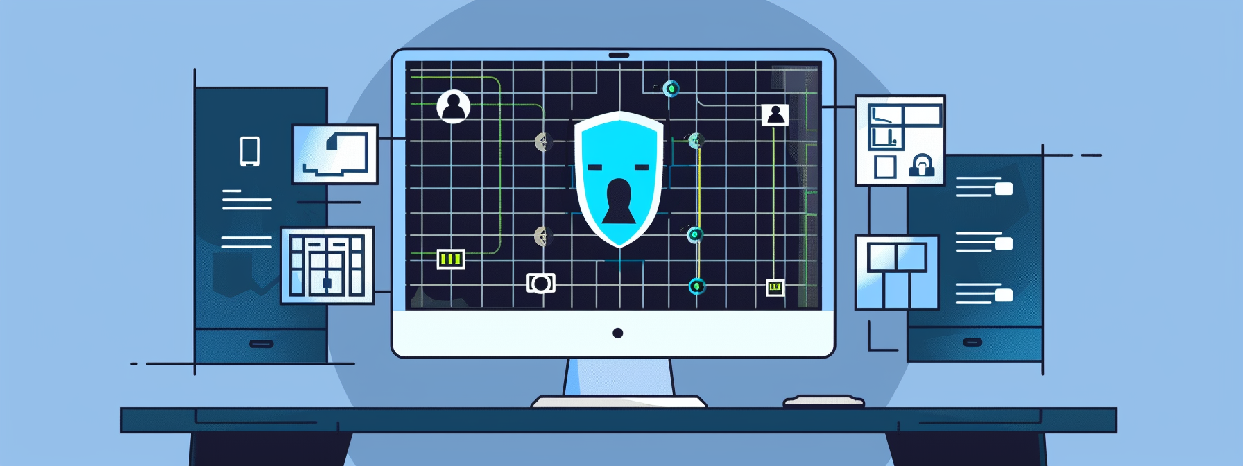 A computer workstation displaying a large monitor with a digital shield and keyhole icon at the center, symbolizing cybersecurity; interconnected icons representing user data, devices, and networks surround the shield, emphasizing the concept of data protection in a secure digital environment.