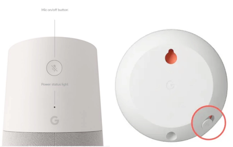 Labeled images of a Google smart speaker, with details on the microphone on/off button and power status light.