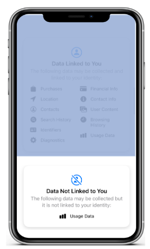 A screenshot of the "Data Not Linked to You" section in an app’s privacy settings, showing that usage data may be collected but is not associated with the user's identity.