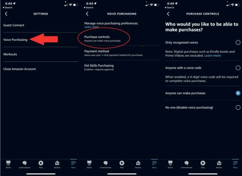 Screenshots of voice purchasing settings on Alexa, showing options to restrict voice purchases using a code or disable them entirely.