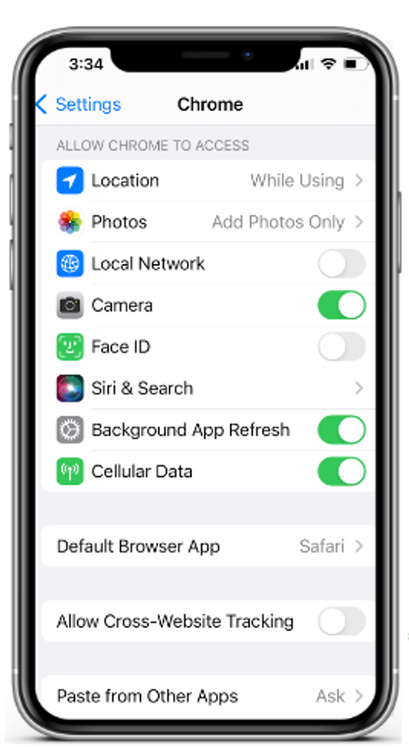 A screenshot of Chrome app settings on iOS, showing permissions like location, photos, camera, and Face ID, as well as toggles for features like background app refresh and cellular data.
