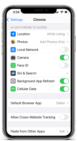 A screenshot of Chrome app settings on iOS, showing permissions like location, photos, camera, and Face ID, as well as toggles for features like background app refresh and cellular data.