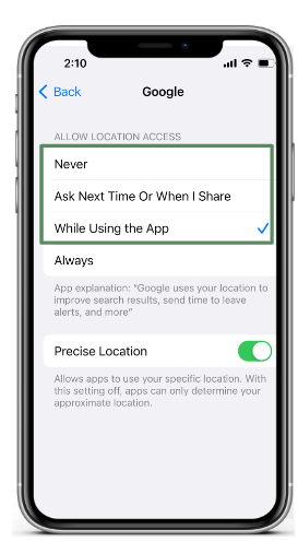 A screenshot of Google app location settings on iOS, showing options for location access, including "Never," "Ask Next Time or When I Share," "While Using the App," and "Always," with precise location toggle enabled.