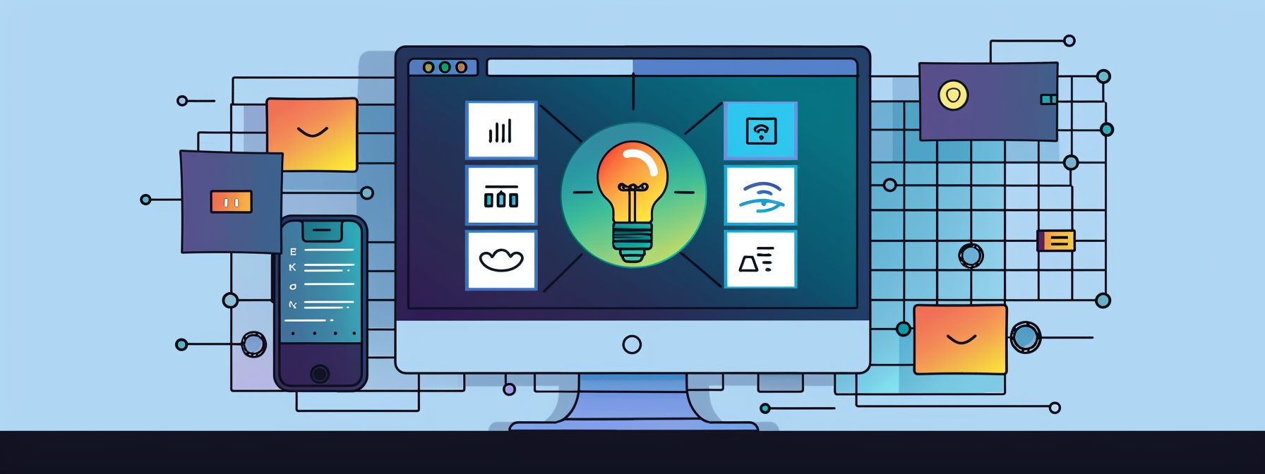 An illustration of a technology ecosystem, featuring a desktop monitor with a light bulb icon representing innovation, surrounded by app interfaces, data elements, and a connected smartphone.