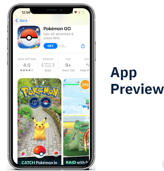 A screenshot of the Pokémon GO App Store page showing its app preview with a 4.0-star rating, gameplay images, and the app description mentioning "Epic AR adventure & online RPG."