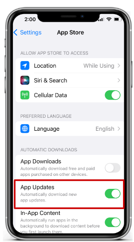 A screenshot of App Store settings on iOS, highlighting the toggle for automatically downloading new app updates under "Automatic Downloads."