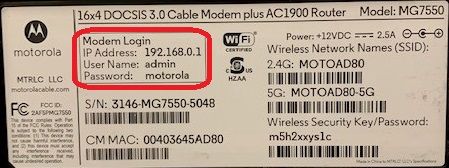 A photo of the back label of a Motorola cable modem, highlighting the modem login credentials, including IP address, username, and password, along with the wireless network name and security key.
