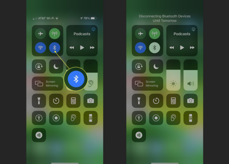 A screenshot of an iPhone control center showing the Bluetooth toggle being turned off temporarily with a note about disconnection lasting until the next day.